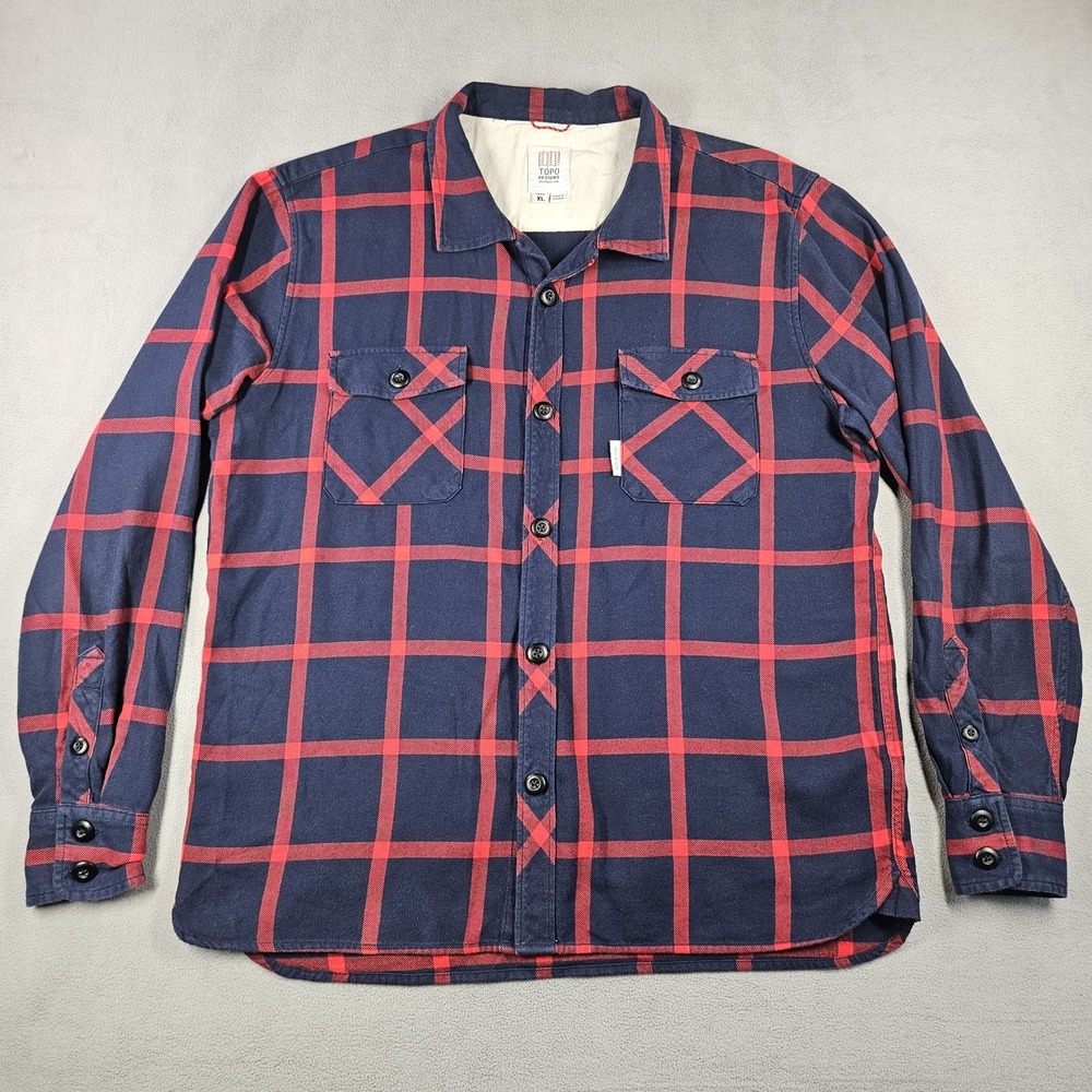 Topo Designs Flannel Shirt Men's XL Plaid Field Button Up Long Sleeve Blue Red